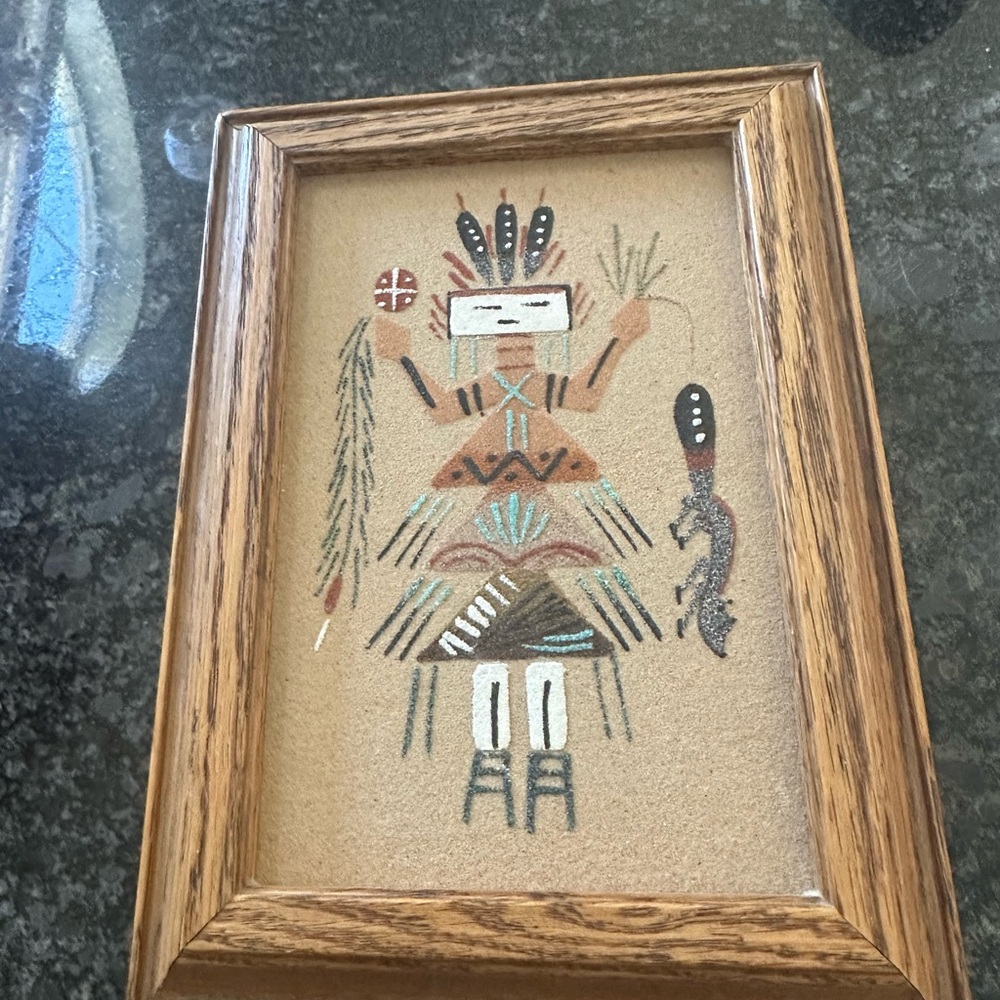 Framed Native American Sand Art wood box signed made in NM